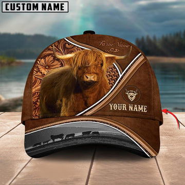 Ranvibes Personalized Highland Cattle Sunset Leather Pattern Classic Cap