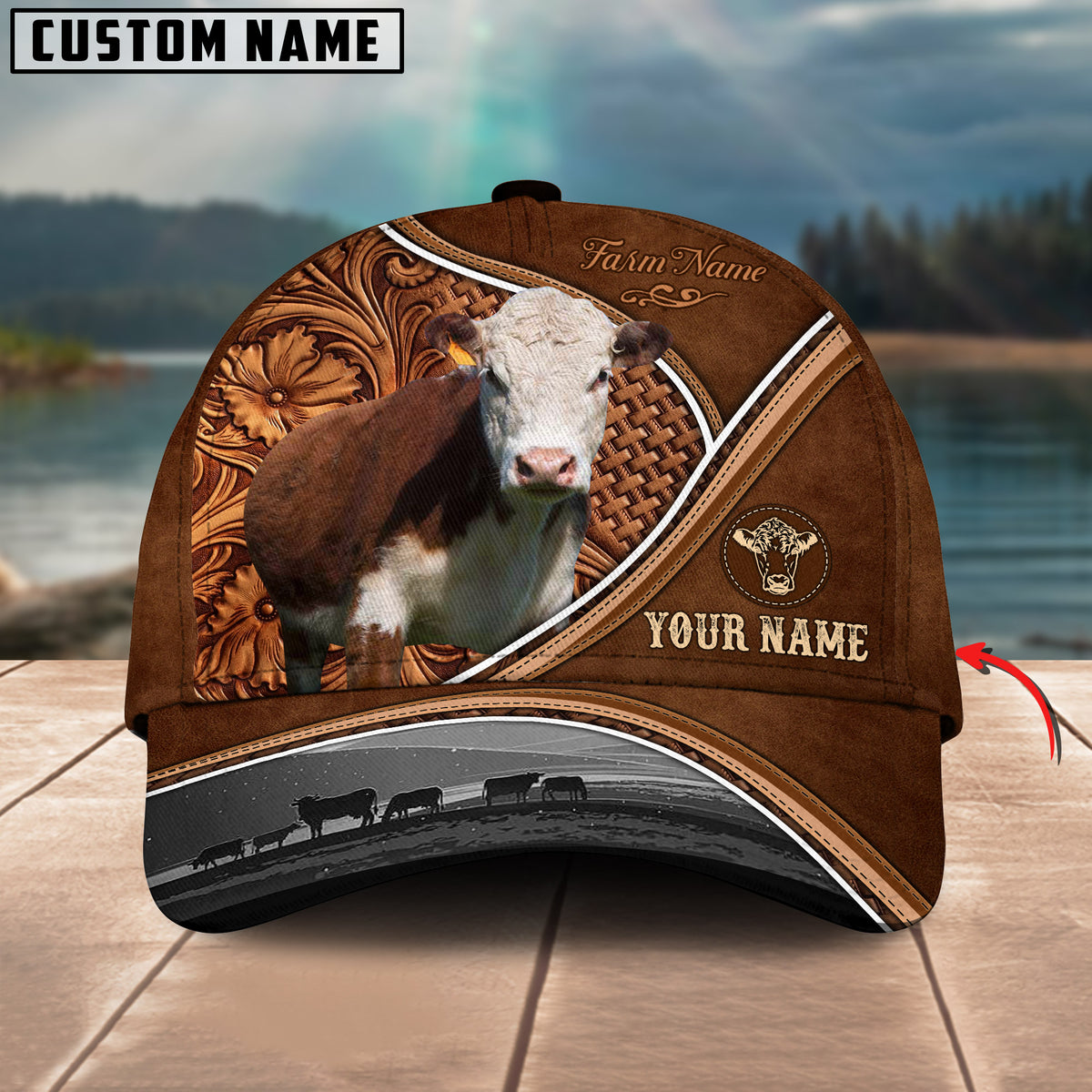 Ranvibes Personalized Hereford Cattle Sunset Leather Pattern Classic Cap
