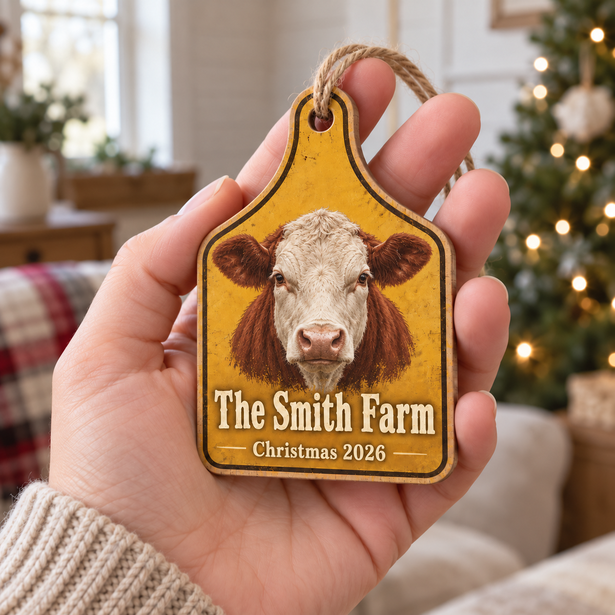 Personalized Farm Name Hereford Ear Tag Ornament