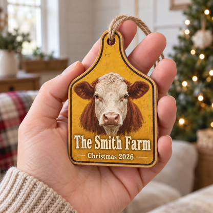 Personalized Farm Name Hereford Ear Tag Ornament
