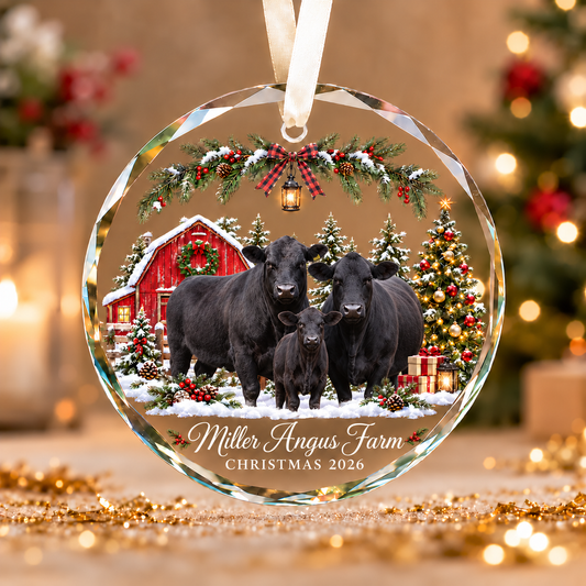 Personalized Farm Name Angus Cattle Merry Christmas Glass Ornament