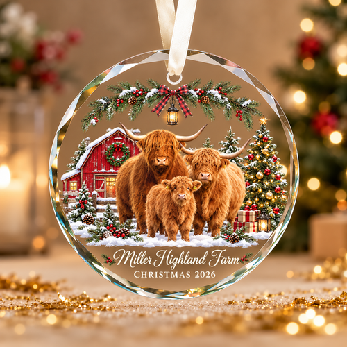 Personalized Farm Name Highland Cattle Merry Christmas Glass Ornament