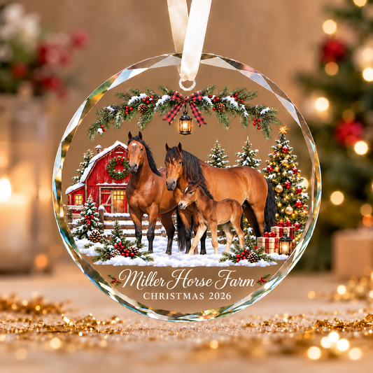 Personalized Farm Name Horse Merry Christmas Glass Ornament