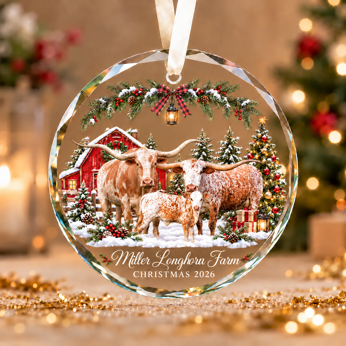 Personalized Farm Name Texas Longhorn Merry Christmas Glass Ornament