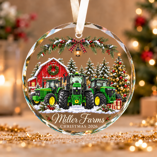 Personalized Farm Name Tractor Farm Merry Christmas Glass Ornament