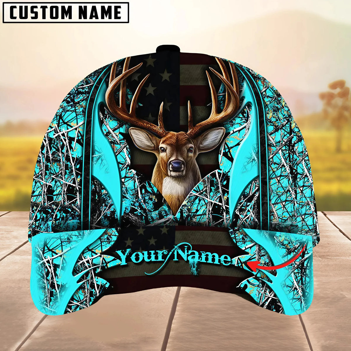 Personalized Name Deer Hunting US Flag Forest Camo Pattern Multi Color Classic Cap