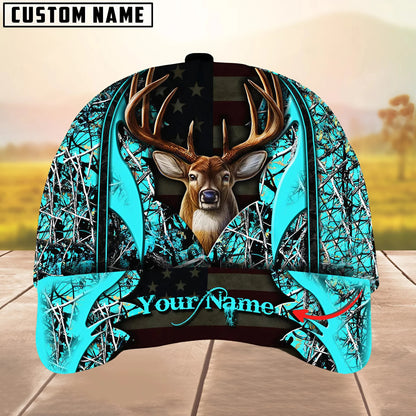 Personalized Name Deer Hunting US Flag Forest Camo Pattern Multi Color Classic Cap