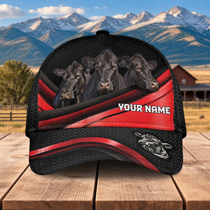 Personalized Name Black Angus Metal Pattern Red Black Classic Cap