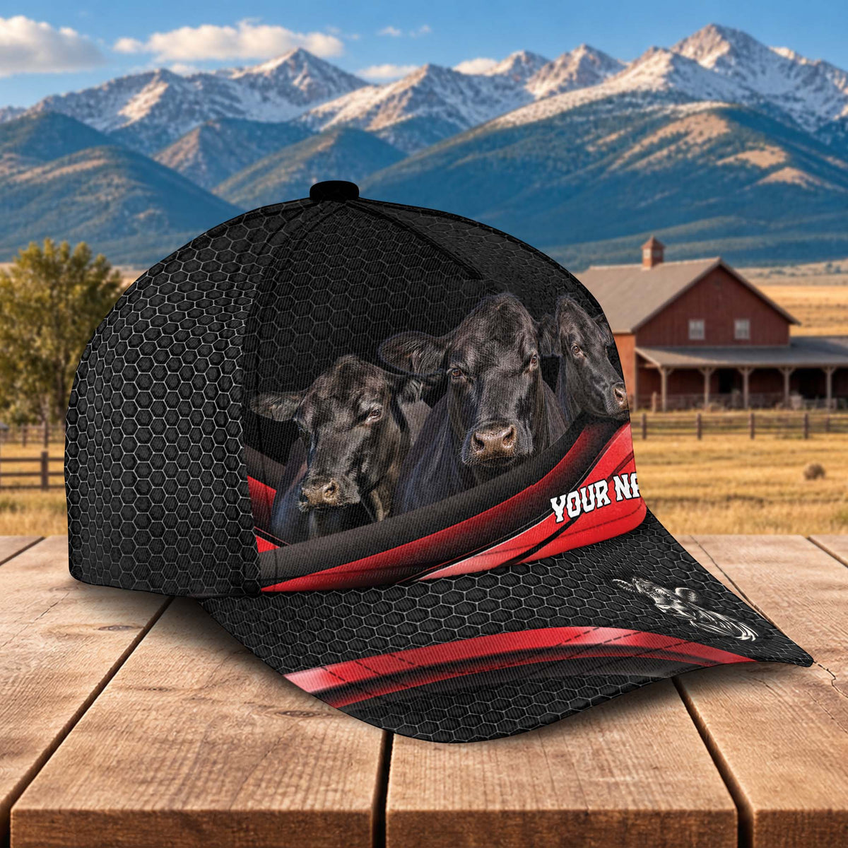 Personalized Name Black Angus Metal Pattern Red Black Classic Cap