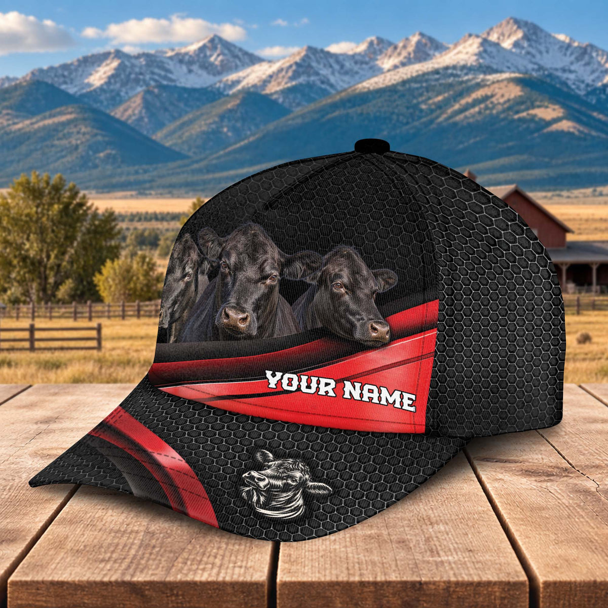 Personalized Name Black Angus Metal Pattern Red Black Classic Cap