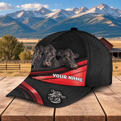 Personalized Name Black Angus Metal Pattern Red Black Classic Cap