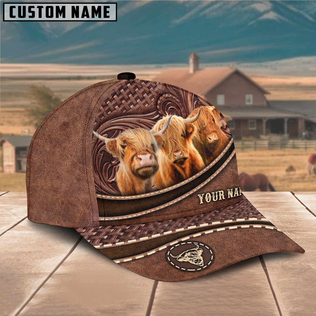 Personalized Highland Cattle Leather Pattern Classic Cap