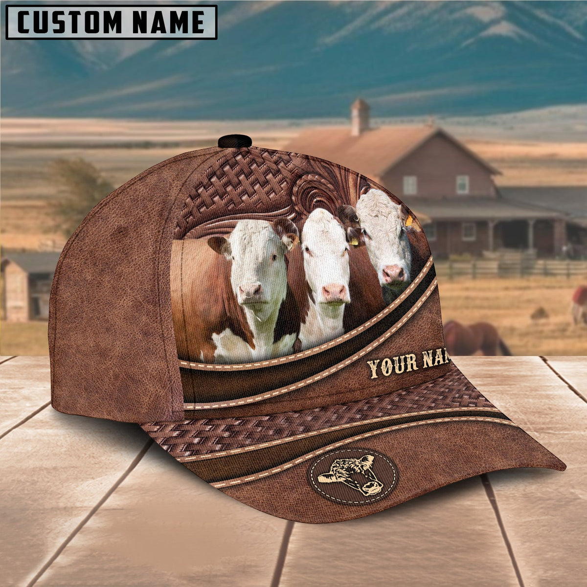 Personalized Hereford Cattle Carving Leather Pattern Classic Cap