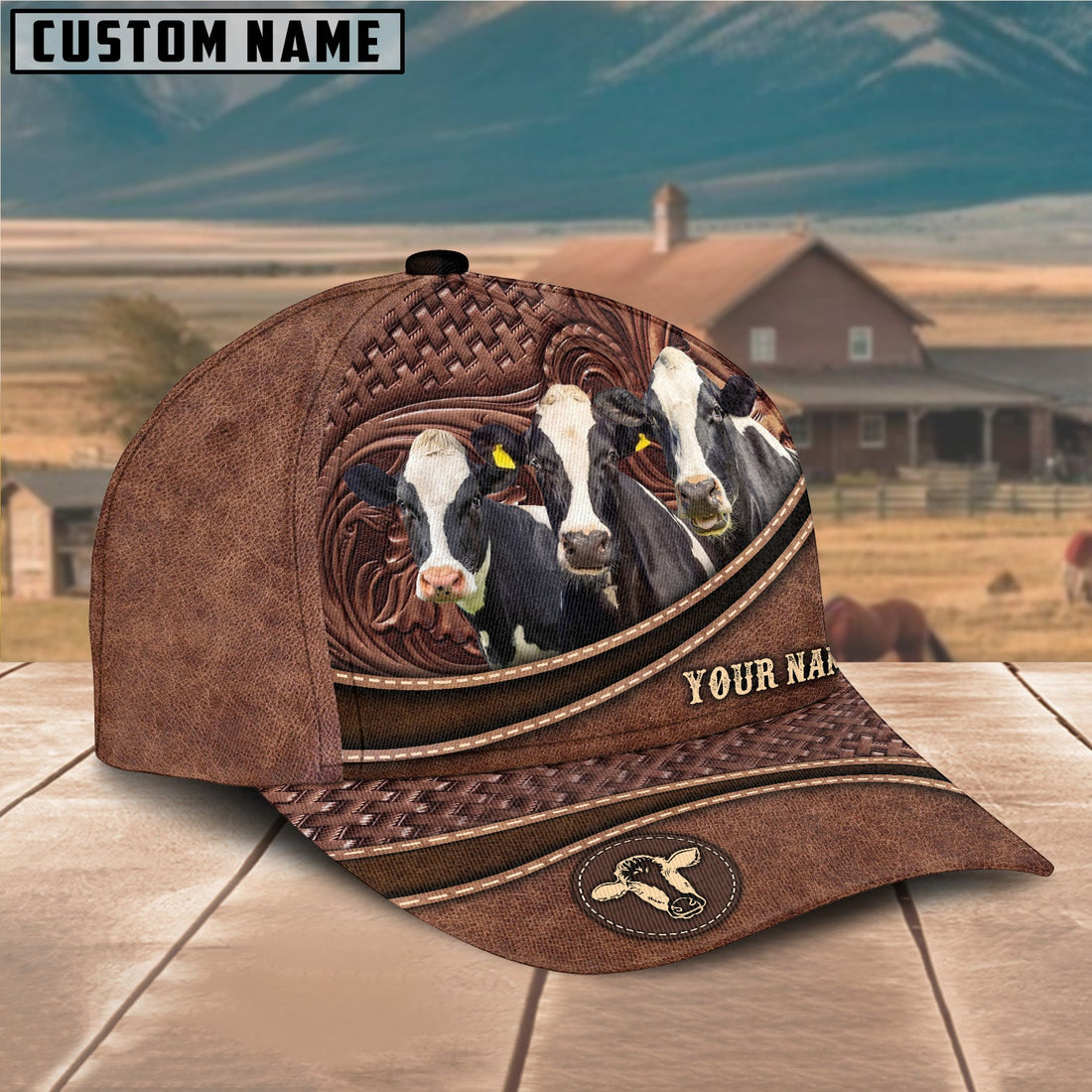 Personalized Holstein Cattle Carving Leather Pattern Classic Cap