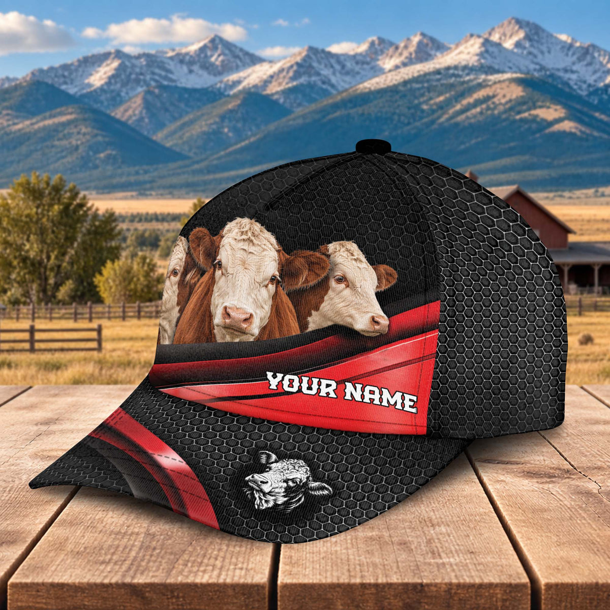 Personalized Name Hereford Metal Pattern Red Black Classic Cap
