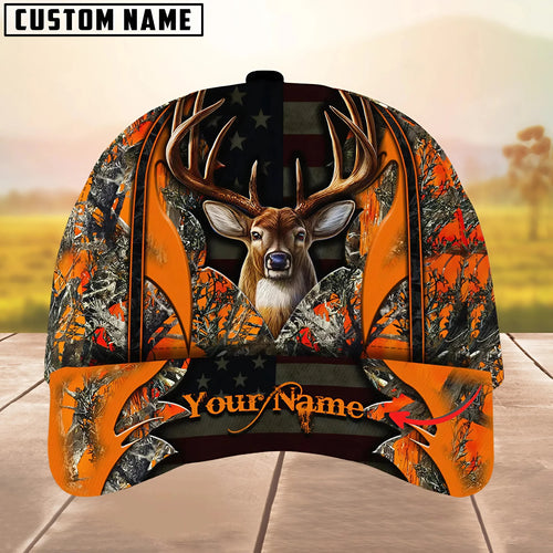 Personalized Name Deer Hunting US Flag Forest Camo Pattern Multi Color Classic Cap