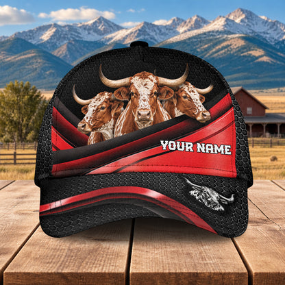Personalized Name Texas Longhorn Metal Pattern Red Black Classic Cap