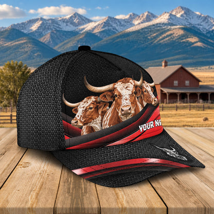 Personalized Name Texas Longhorn Metal Pattern Red Black Classic Cap