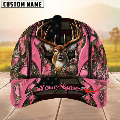 Personalized Name Deer Hunting US Flag Forest Camo Pattern Multi Color Classic Cap