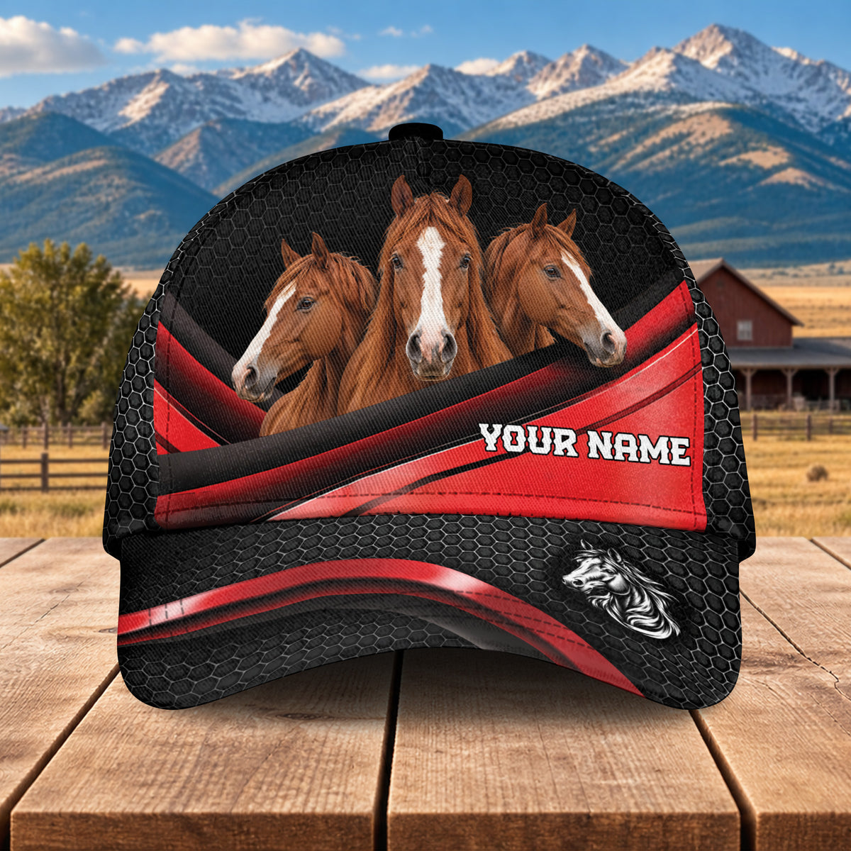 Personalized Name Horse Metal Pattern Red Black Classic Cap