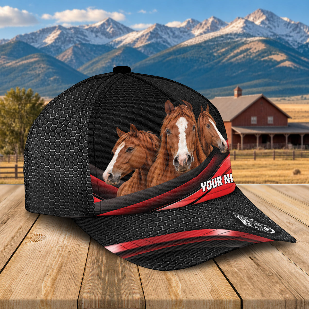 Personalized Name Horse Metal Pattern Red Black Classic Cap
