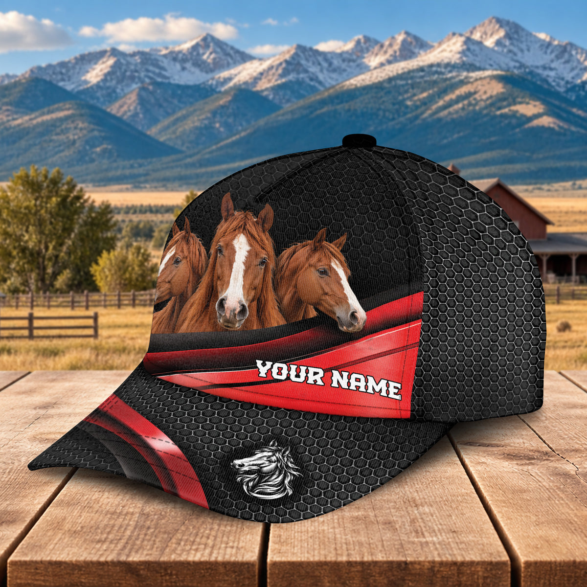 Personalized Name Horse Metal Pattern Red Black Classic Cap