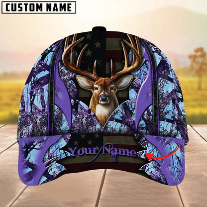 Personalized Name Deer Hunting US Flag Forest Camo Pattern Multi Color Classic Cap