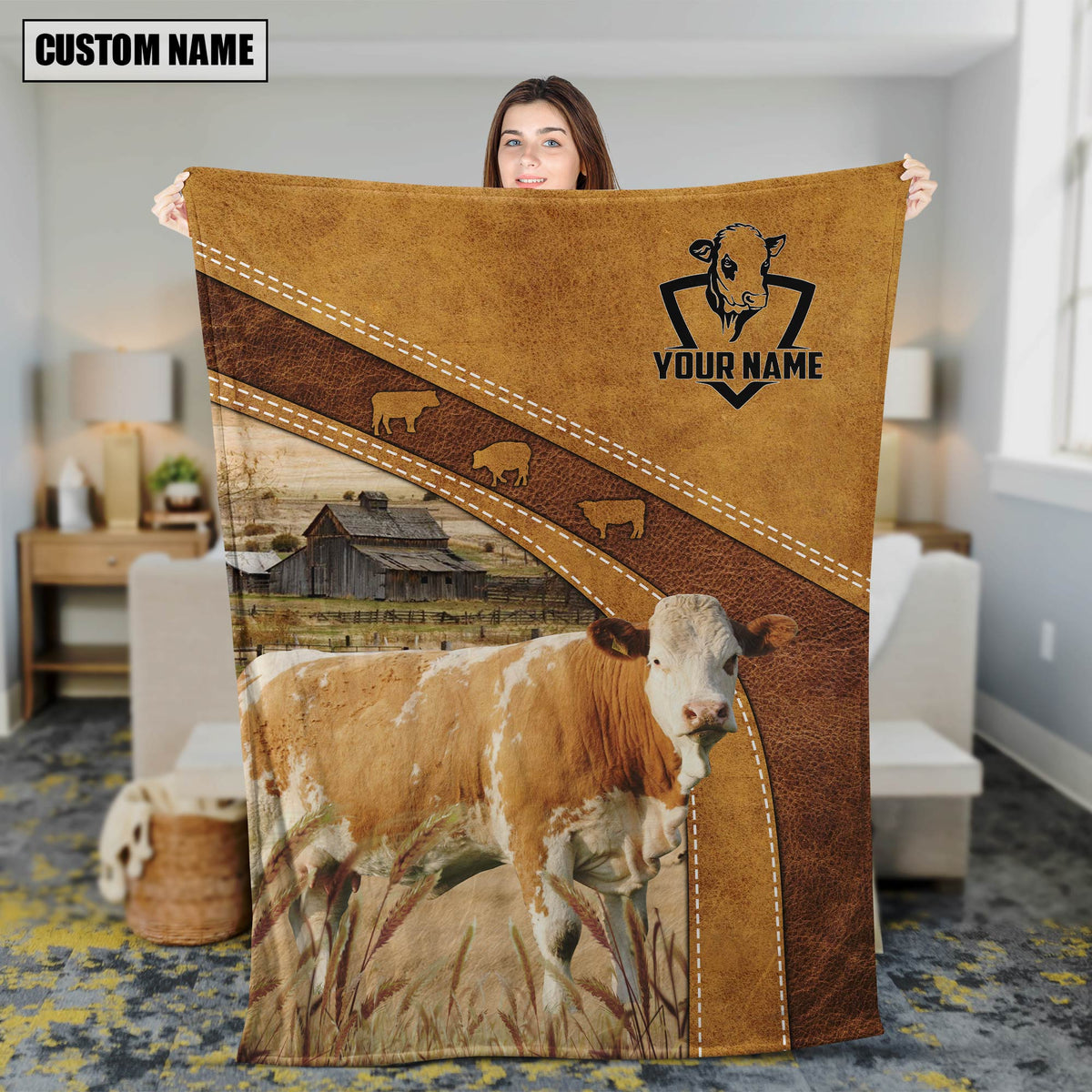 Farm Simmental On The Farm Leather Pattern Blanket - Personalized Name Blanket