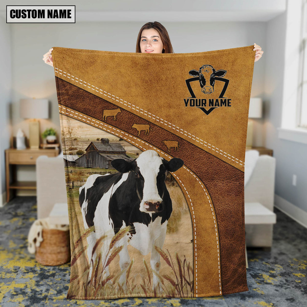 Farm Holstein On The Farm Leather Pattern Blanket - Personalized Name Blanket