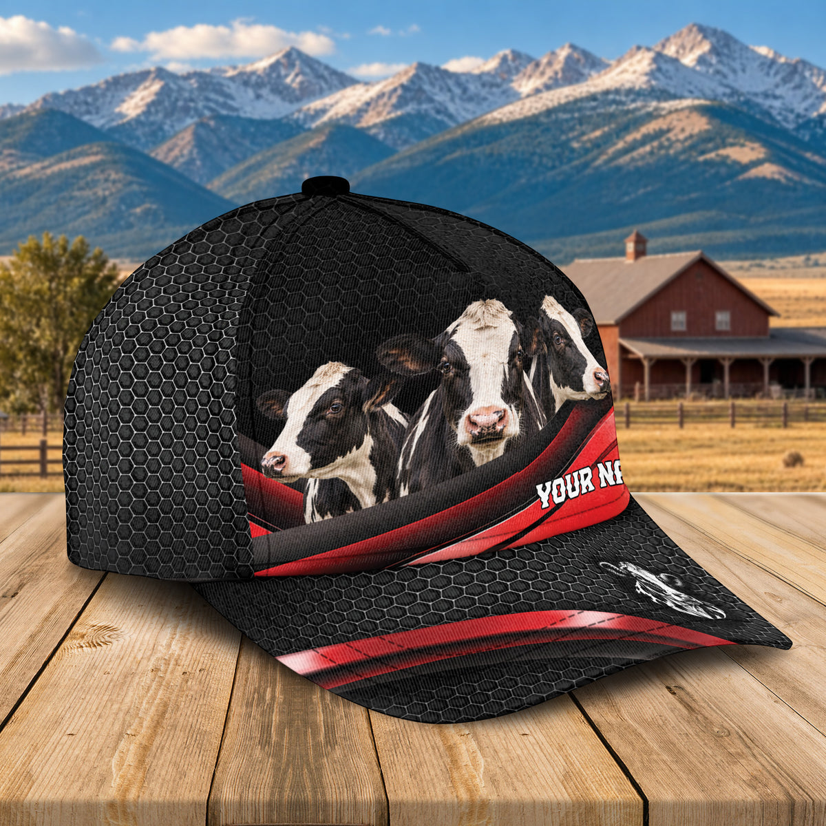 Personalized Name Holstein Metal Pattern Red Black Classic Cap