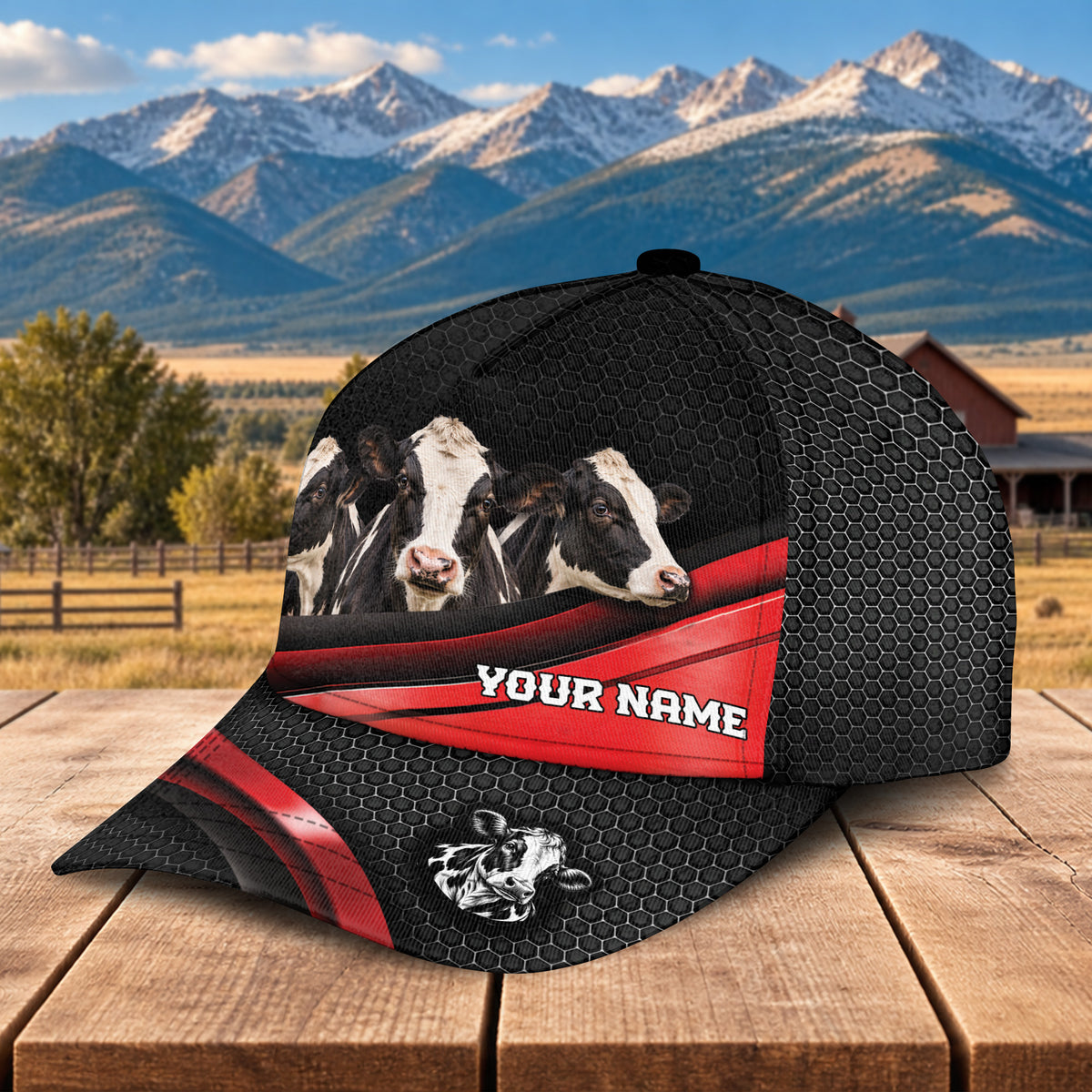Personalized Name Holstein Metal Pattern Red Black Classic Cap