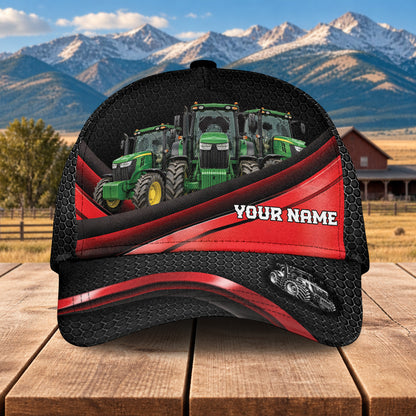 Personalized Name John Deere Tractor Metal Pattern Red Black Classic Cap