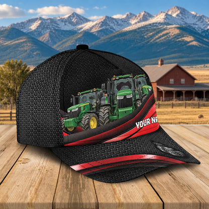 Personalized Name John Deere Tractor Metal Pattern Red Black Classic Cap