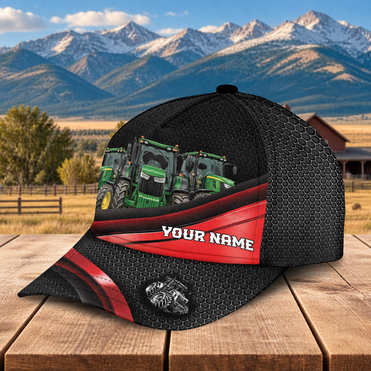 Personalized Name John Deere Tractor Metal Pattern Red Black Classic Cap