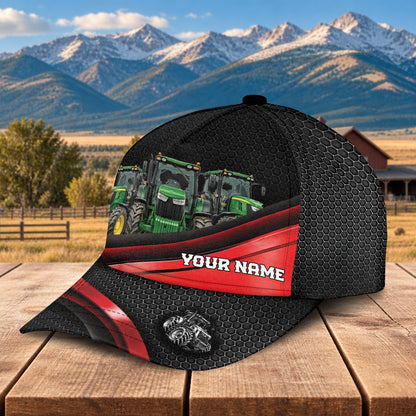 Personalized Name John Deere Tractor Metal Pattern Red Black Classic Cap