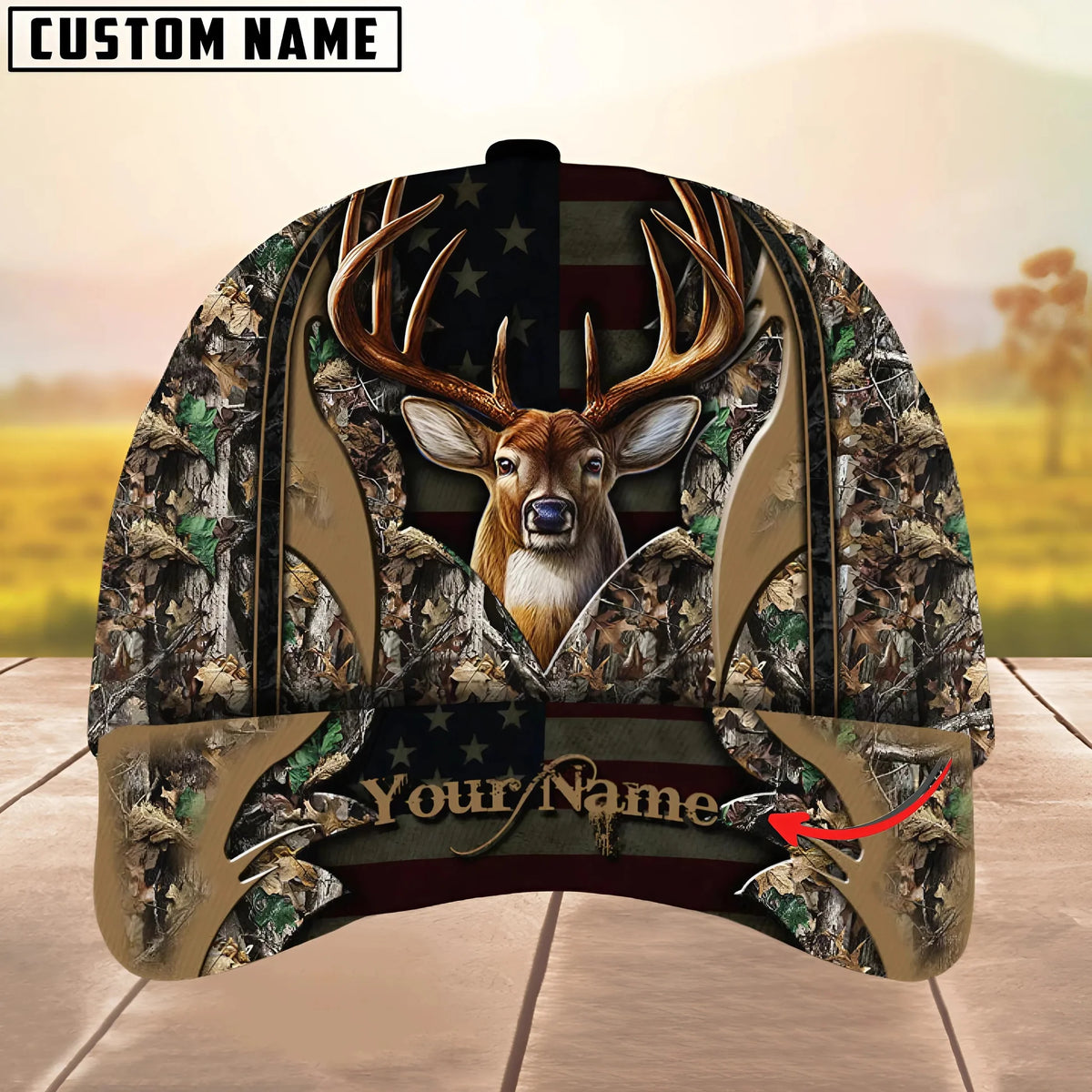 Personalized Name Deer Hunting US Flag Forest Camo Pattern Multi Color Classic Cap