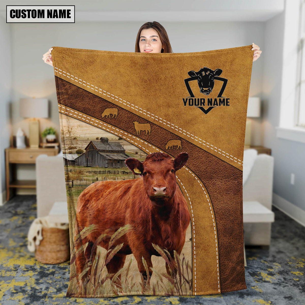 Farm Red Angus On The Farm Leather Pattern Blanket - Personalized Name Blanket