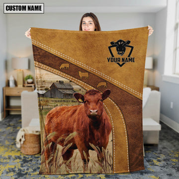Farm Red Angus On The Farm Leather Pattern Blanket - Personalized Name Blanket