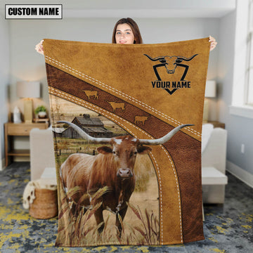 Farm Texas Longhorn On The Farm Leather Pattern Blanket - Personalized Name Blanket