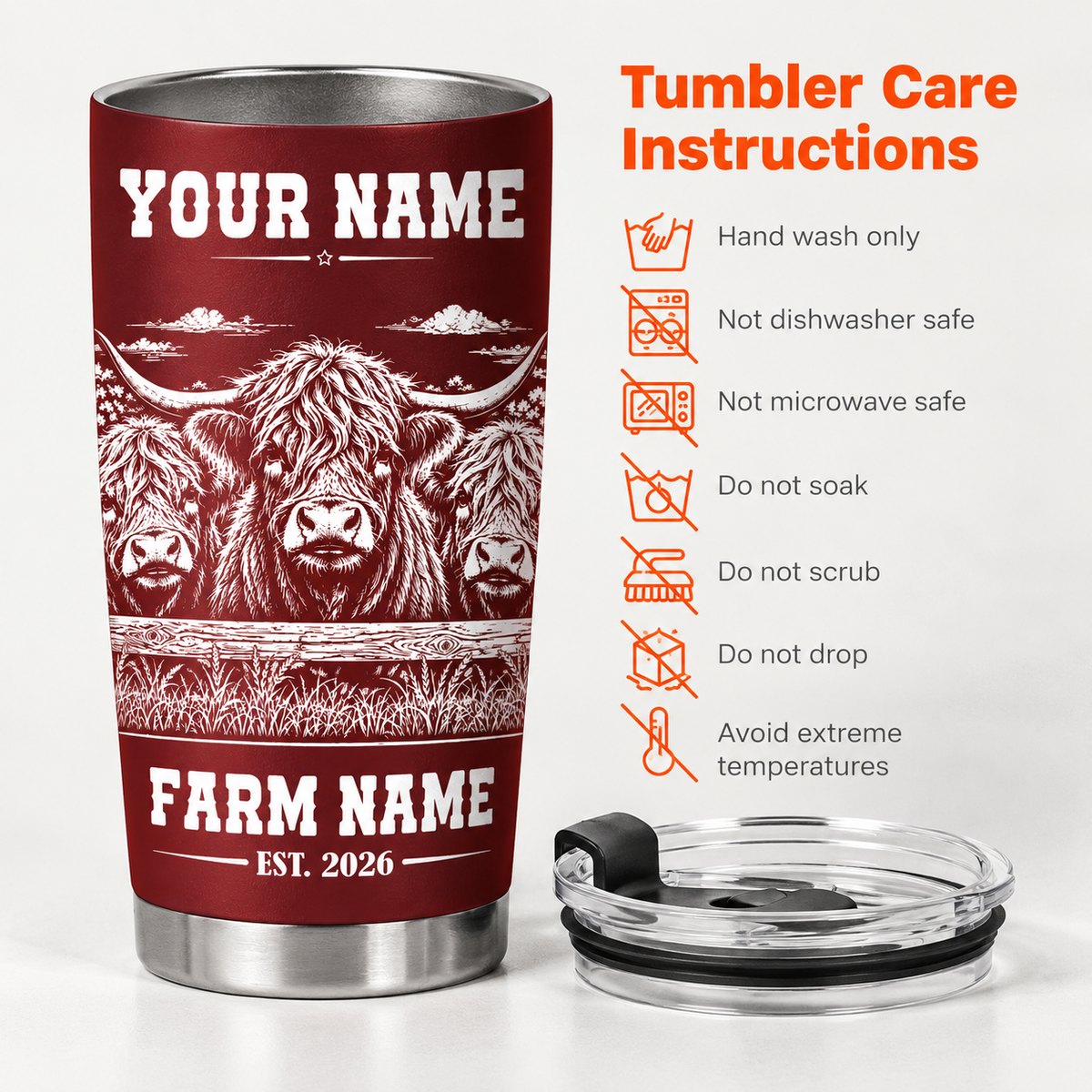 Personalized Name and Farm Name Highland Line Art Multicolor Tumbler Cup